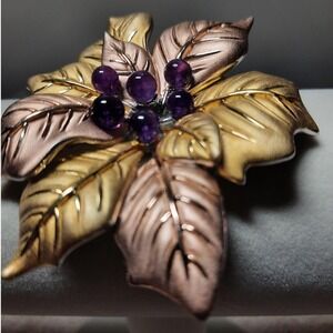 Amethyst leaf pendant sterling silver 14k yellow rose gold plating LARGE HEAVY